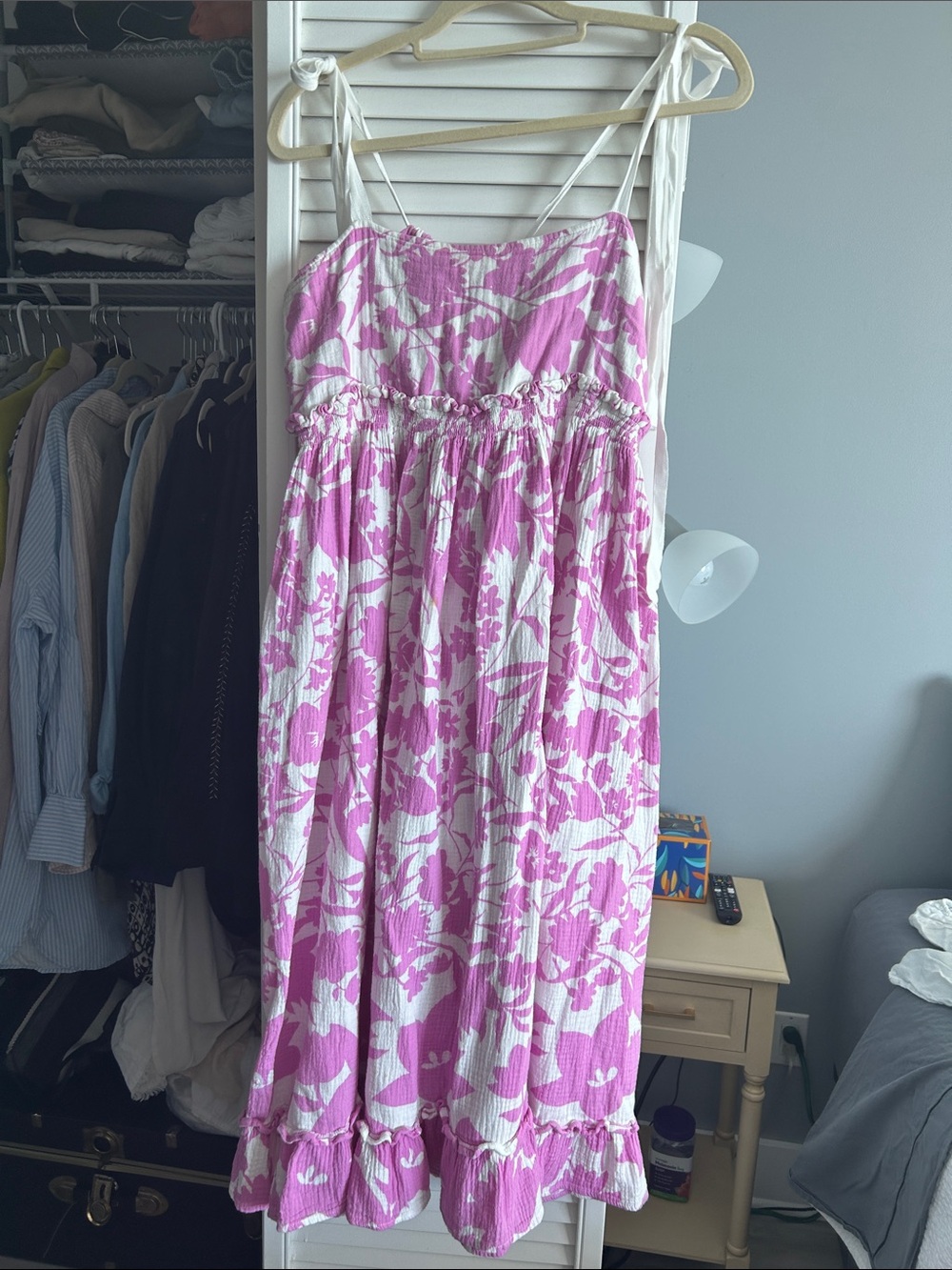 Peter Som White and Pink Floral Tie-Strap Midi Dress